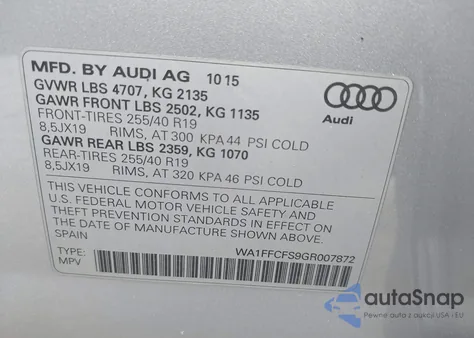 2016 Audi Q3 Prestige z USA, uszkodzony, nr VIN WA1FFCFS9GR007872